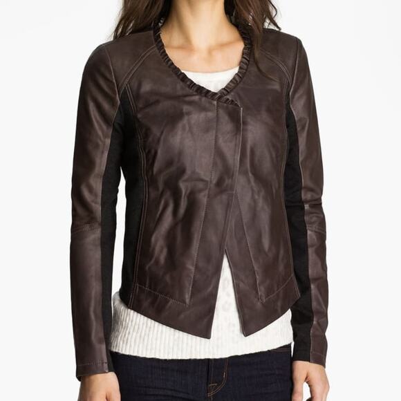 hinge Jackets & Blazers - HINGE Ruffle Neck Leather Jacket Small